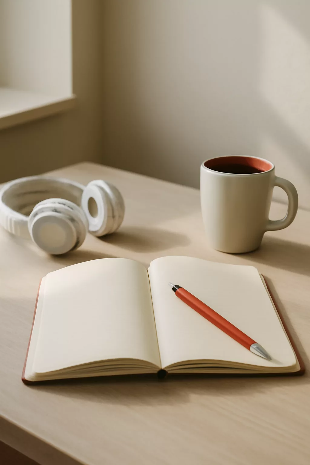 Cuaderno abierto y auriculares sobre una mesa, escena neutra de reflexión personal