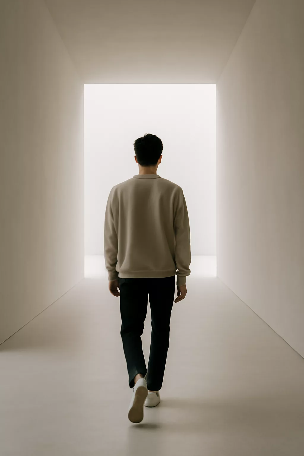 Persona caminando hacia la luz en un entorno minimalista que sugiere crecimiento personal